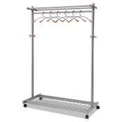 Alba™ Garment Racks, Two-Sided, 2-Shelf Coat Rack, 6 Hanger/6 Hook, 44.8w x 21.67d x 70.8h, Silver/Wood Item: ABAPMLUX6