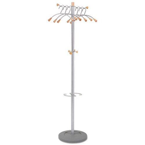 Alba™ Wavy Coat Tree, Six Hangers/Two Knobs/Four Hooks, 18.88w x 14d x 68.5h, Silver/Wood Item: ABAPMWAVE