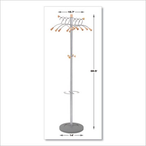 Alba™ Wavy Coat Tree, Six Hangers/Two Knobs/Four Hooks, 18.88w x 14d x 68.5h, Silver/Wood Item: ABAPMWAVE