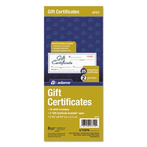 Adams® Gift Certificates with Envelopes, 8 x 3.4, White/Canary, 25/Book Item: ABFGFTC1