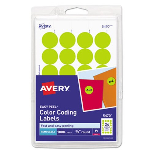 Avery® Printable Self-Adhesive Removable Color-Coding Labels, 0.75" dia, Neon Yellow, 24/Sheet, 42 Sheets/Pack, (5470) Item: AVE05470