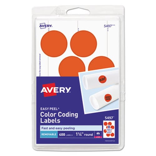 Avery® Printable Self-Adhesive Removable Color-Coding Labels, 1.25" dia, Neon Red, 8/Sheet, 50 Sheets/Pack, (5497) Item: AVE05497