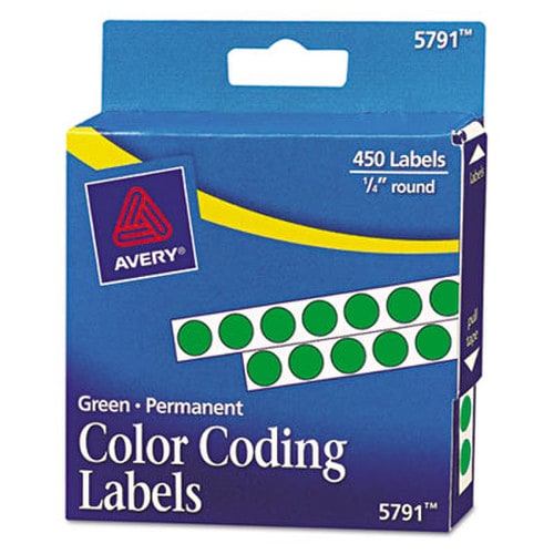 Avery® Handwrite-Only Permanent Self-Adhesive Round Color-Coding Labels in Dispensers, 0.25" dia, Green, 450/Roll, (5791) Item: AVE05791