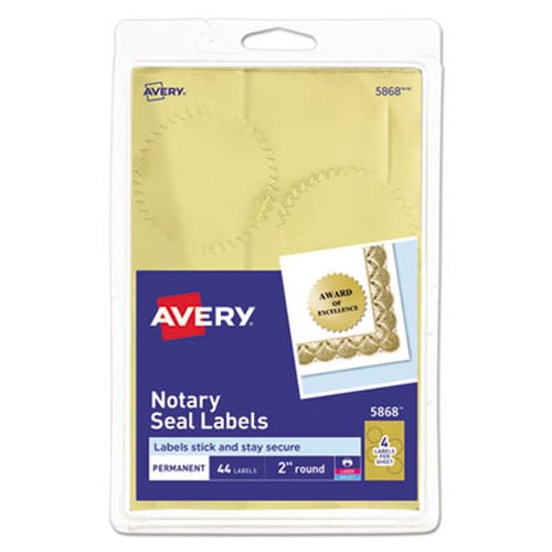 Avery® Printable Gold Foil Seals, 2" dia, Gold, 4/Sheet, 11 Sheets/Pack, (5868) Item: AVE05868