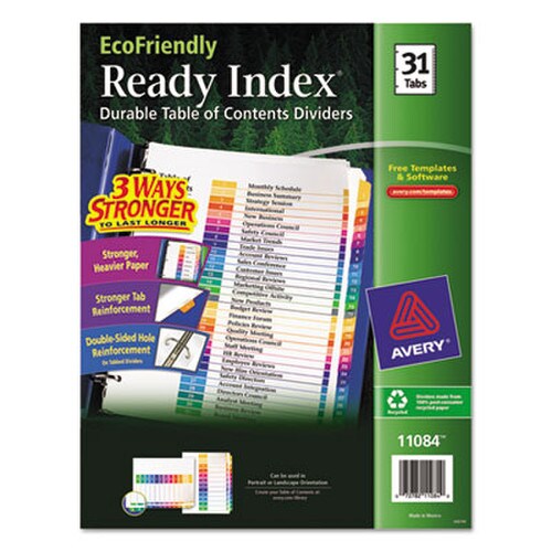Avery® Customizable Table of Contents Ready Index Dividers with Multicolor Tabs, 31-Tab, 1 to 31, 11 x 8.5, White, 1 Set Item: AVE11084