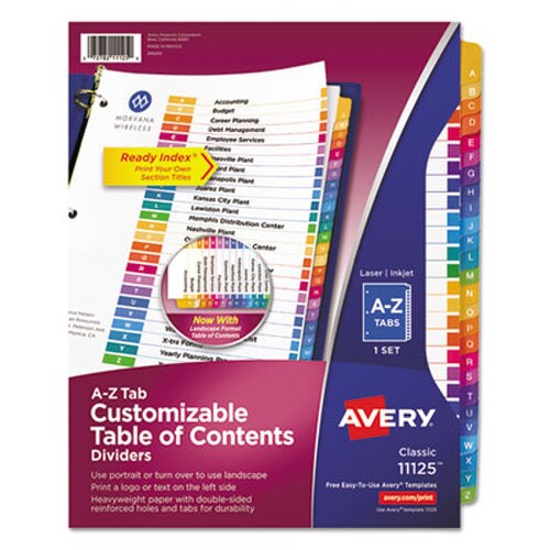 Avery® Customizable TOC Ready Index Multicolor Tab Dividers, 26-Tab, A to Z, 11 x 8.5, White, Traditional Color Tabs, 1 Set Item: AVE11125