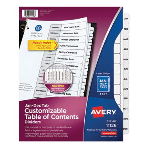 Avery® Customizable TOC Ready Index Black and White Dividers, 12-Tab, Jan. to Dec., 11 x 8.5, 1 Set Item: AVE11126