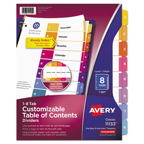 Avery® Customizable TOC Ready Index Multicolor Tab Dividers, 8-Tab, 1 to 8, 11 x 8.5, White, Traditional Color Tabs, 1 Set Item: AVE11133