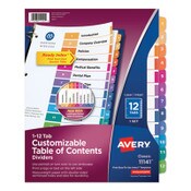 Avery® Customizable TOC Ready Index Multicolor Tab Dividers, 12-Tab, 1 to 12, 11 x 8.5, White, Traditional Color Tabs, 1 Set Item: AVE11141