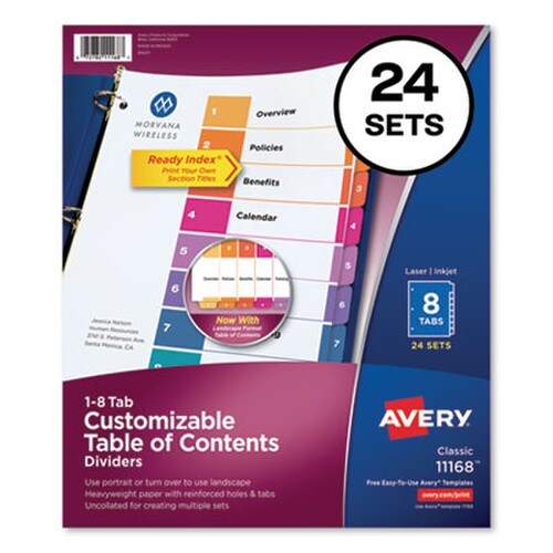 Avery® Customizable TOC Ready Index Multicolor Tab Dividers, Uncollated, 8-Tab, 1 to 8, 11 x 8.5, White, 24 Sets Item: AVE11168