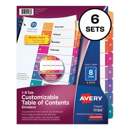 Avery® Customizable TOC Ready Index Multicolor Tab Dividers, 8-Tab, 1 to 8, 11 x 8.5, White, Traditional Color Tabs, 6 Sets Item: AVE11186