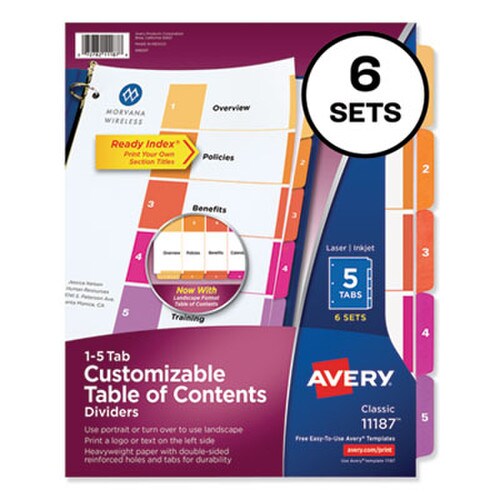Avery® Customizable TOC Ready Index Multicolor Tab Dividers, 5-Tab, 1 to 5, 11 x 8.5, White, Traditional Color Tabs, 6 Sets Item: AVE11187