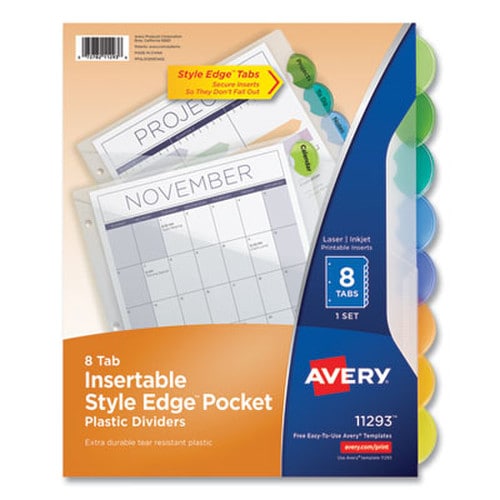 Avery® Insertable Style Edge Tab Plastic 1-Pocket Dividers, 8-Tab, 11.25 x 9.25, Translucent, 1 Set Item: AVE11293