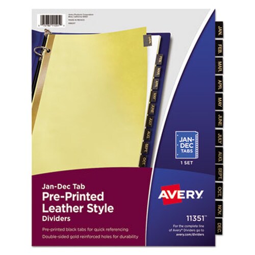 Avery® Preprinted Black Leather Tab Dividers w/Gold Reinforced Edge, 12-Tab, Jan. to Dec., 11 x 8.5, Buff, 1 Set Item: AVE11351