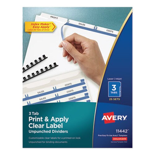 Avery® Print and Apply Index Maker Clear Label Unpunched Dividers, 3-Tab, 11 x 8.5, White, 25 Sets Item: AVE11442