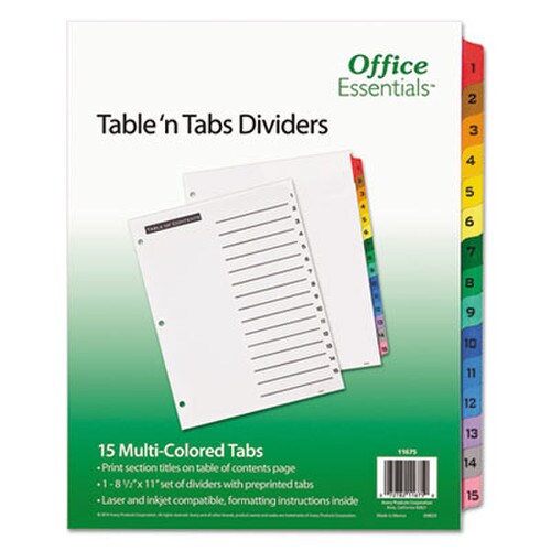 Office Essentials™ Table 'n Tabs Dividers, 15-Tab, 1 to 15, 11 x 8.5, White, Assorted Tabs, 1 Set Item: AVE11675