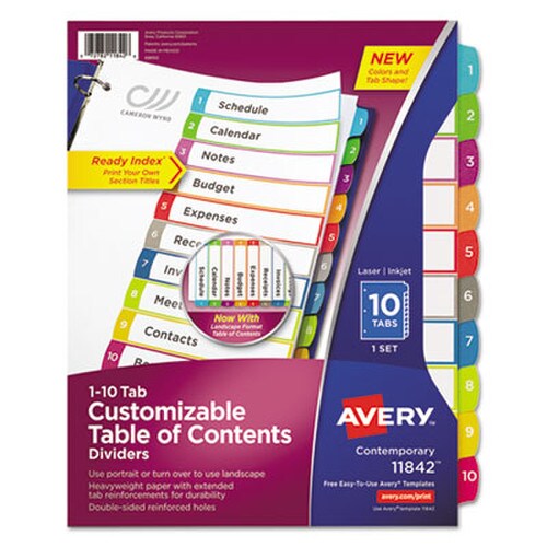 Avery® Customizable TOC Ready Index Multicolor Tab Dividers, 10-Tab, 1 to 10, 11 x 8.5, White, Contemporary Color Tabs, 1 Set Item: AVE11842
