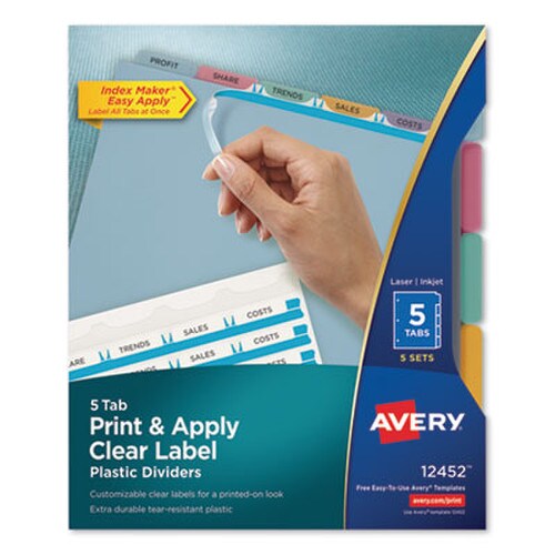 Avery® Print and Apply Index Maker Clear Label Plastic Dividers with Printable Label Strip, 5-Tab, 11 x 8.5, Assorted Tabs, 5 Sets Item: AVE12452