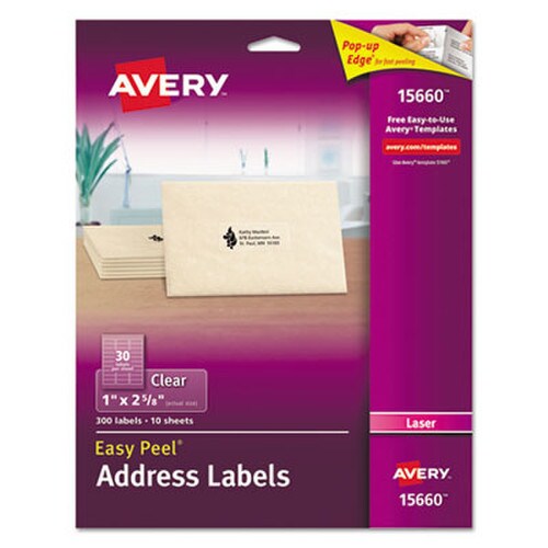 Avery® Matte Clear Easy Peel Mailing Labels w/ Sure Feed Technology, Laser Printers, 1 x 2.63, Clear, 30/Sheet, 10 Sheets/Pack Item: AVE15660