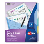 Avery® Write and Erase Durable Plastic Dividers with Slash Pocket, 3-Hold Punched, 5-Tab, 11.13 x 9.25, Assorted, 1 Set Item: AVE16176