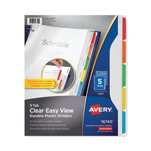 Avery® Clear Easy View Plastic Dividers with Multicolored Tabs and Sheet Protector, 5-Tab, 11 x 8.5, Clear, 1 Set Item: AVE16740