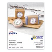 Avery® Round Print-to-the Edge Labels with Sure Feed and Easy Peel, 2" dia, Glossy White, 120/PK Item: AVE22807