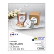 Avery® Round Print-to-the Edge Labels with SureFeed, 2.5" dia, Glossy White, 90/PK Item: AVE22830
