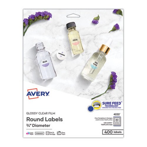 Avery® Printable Self-Adhesive Permanent ID Labels w/Sure Feed, 0.75" dia, Clear, 400/PK Item: AVE4222