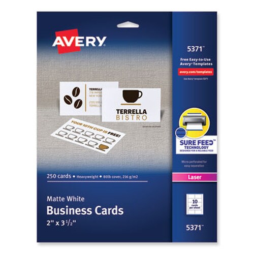 Avery® Printable Microperforated Business Cards w/Sure Feed Technology, Laser, 2 x 3.5, White, 250 Cards, 10/Sheet, 25 Sheets/Pack Item: AVE5371