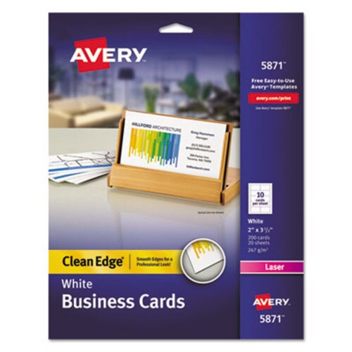 Avery® Clean Edge Business Cards, Laser, 2 x 3.5, White, 200 Cards, 10 Cards/Sheet, 20 Sheets/Pack Item: AVE5871
