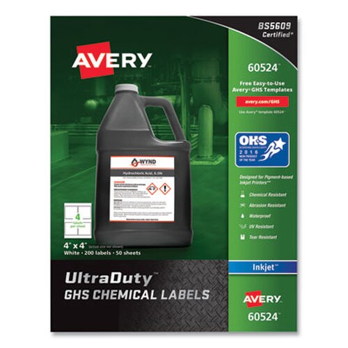 Avery® UltraDuty GHS Chemical Waterproof and UV Resistant Labels, 4 x 4, White, 4/Sheet, 50 Sheets/Pack Item: AVE60524