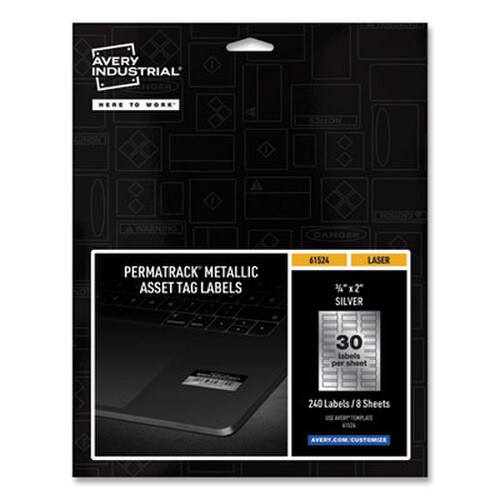 Avery® PermaTrack Metallic Asset Tag Labels, Laser Printers, 0.75 x 2, Metallic Silver, 30/Sheet, 8 Sheets/Pack Item: AVE61524