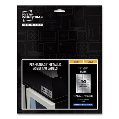 Avery® PermaTrack Metallic Asset Tag Labels, Laser Printers, 1.25 x 2.75, Silver, 14/Sheet, 8 Sheets/Pack Item: AVE61528