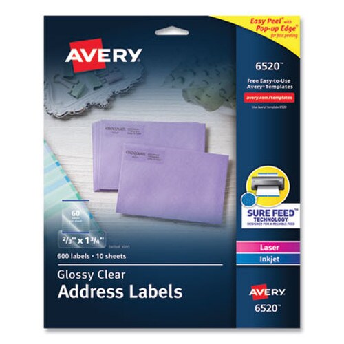 Avery® Glossy Clear Easy Peel Mailing Labels w/ Sure Feed Technology, Inkjet/Laser Printers, 0.66 x 1.75, 60/Sheet, 10 Sheets/PK Item: AVE6520