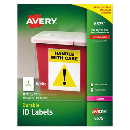 Avery® Durable Permanent ID Labels with TrueBlock Technology, Laser Printers, 8.5 x 11, White, 50/Pack Item: AVE6575