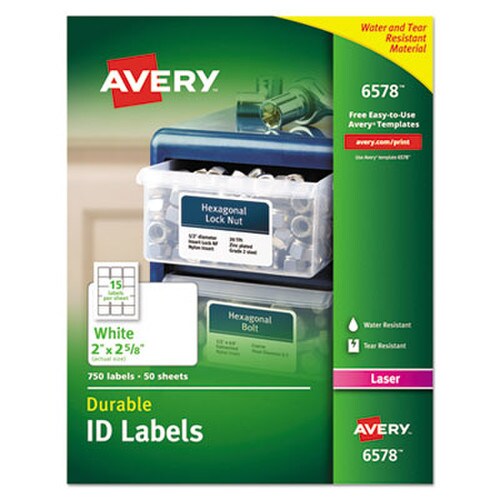 Avery® Durable Permanent ID Labels with TrueBlock Technology, Laser Printers, 2 x 2.63, White, 15/Sheet, 50 Sheets/Pack Item: AVE6578