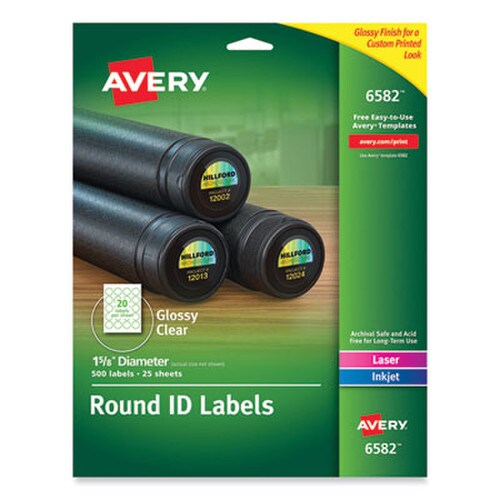 Avery® Round Print-to-the Edge Labels with SureFeed and EasyPeel, 1.67" dia, Glossy Clear, 500/PK Item: AVE6582