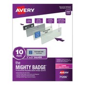 Avery® The Mighty Badge Name Badge Holder Kit, Horizontal, 3 x 1, Laser, Silver, 10 Holders and 80 Inserts/Kit Item: AVE71206