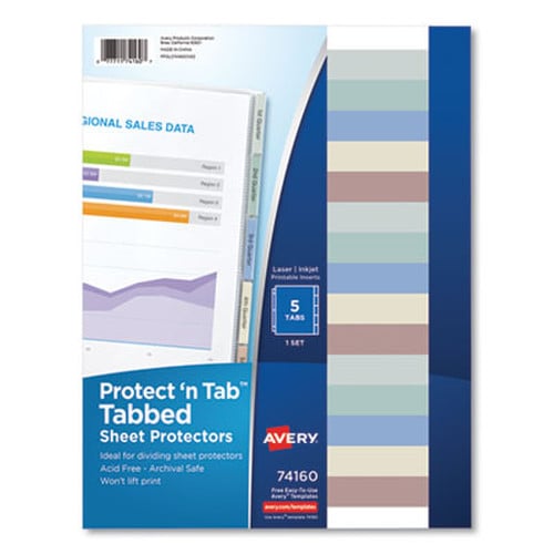 Avery® Protect 'n Tab Top-Load Clear Sheet Protectors w/Five Tabs, Letter Item: AVE74160