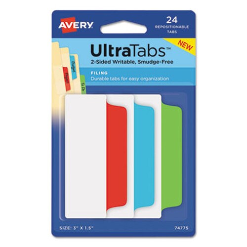 Avery® Ultra Tabs Repositionable Tabs, Wide and Slim: 3" x 1.5", 1/3-Cut, Assorted Colors, 24/Pack Item: AVE74775