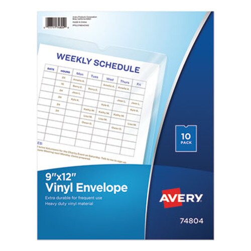Avery® Top-Load Clear Vinyl Envelopes w/Thumb Notch, 9” x 12”, Clear, 10/Pack Item: AVE74804