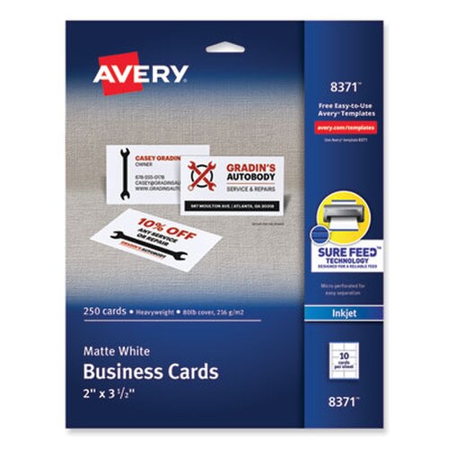 Avery® Printable Microperforated Business Cards w/Sure Feed Technology, Inkjet, 2 x 3.5, White, 250 Cards, 10/Sheet, 25 Sheets/Pack Item: AVE8371