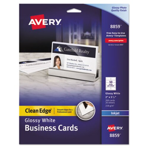Avery® True Print Clean Edge Business Cards, Inkjet, 2 x 3.5, Glossy White, 200 Cards, 10 Cards Sheet, 20 Sheets/Pack Item: AVE8859