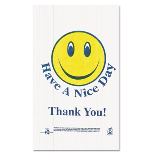 Barnes Paper Company Smiley Face Shopping Bags, Thank You - Have a Nice Day Labeling, Cut-Out Handles, 11.5" x 6.5" x 21", White/Red, 900/Carton Item: BPCT16SMILEY