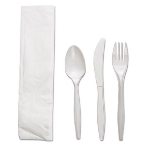 Boardwalk® Four-Piece Cutlery Kit, Fork/Knife/Napkin/Teaspoon, White, Polypropylene, 250/Carton Item: BWKFKTNMWPPWH