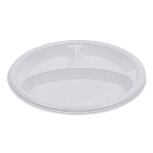 Boardwalk® Hi-Impact Plastic Dinnerware, 3-Compartment Plate, 10" dia, White, 500/Carton Item: BWKPLTHIPS10WH3