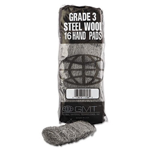 GMT Industrial-Quality Steel Wool Hand Pads, #3 Medium, Steel Gray, 16 Pads/Sleeve, 12 Sleeves/Carton Item: GMA117006