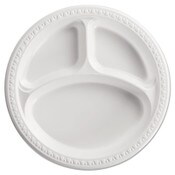 Chinet® Heavyweight Plastic 3-Compartment Plates, 10.25" dia, White, 125/Pack, 4 Packs/Carton Item: HUH81230