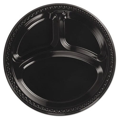 Chinet® Heavyweight Plastic 3-Compartment Plates, 10.25" dia, Black, 125/Pack, 4 Packs/Carton Item: HUH81430