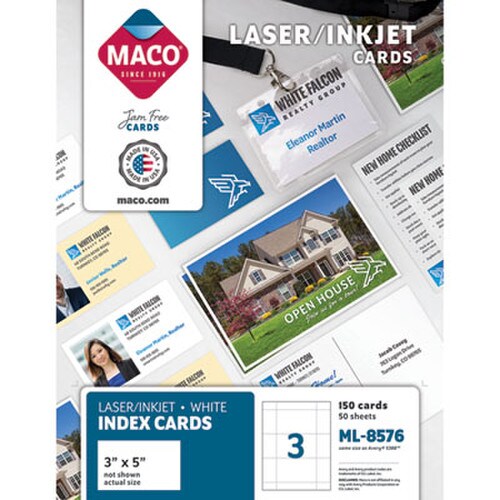 MACO® Unruled Microperforated Laser/Inkjet Index Cards, 3 x 5, White, 150 Cards, 3 Cards/Sheet, 50 Sheets/Box Item: MACML8576
